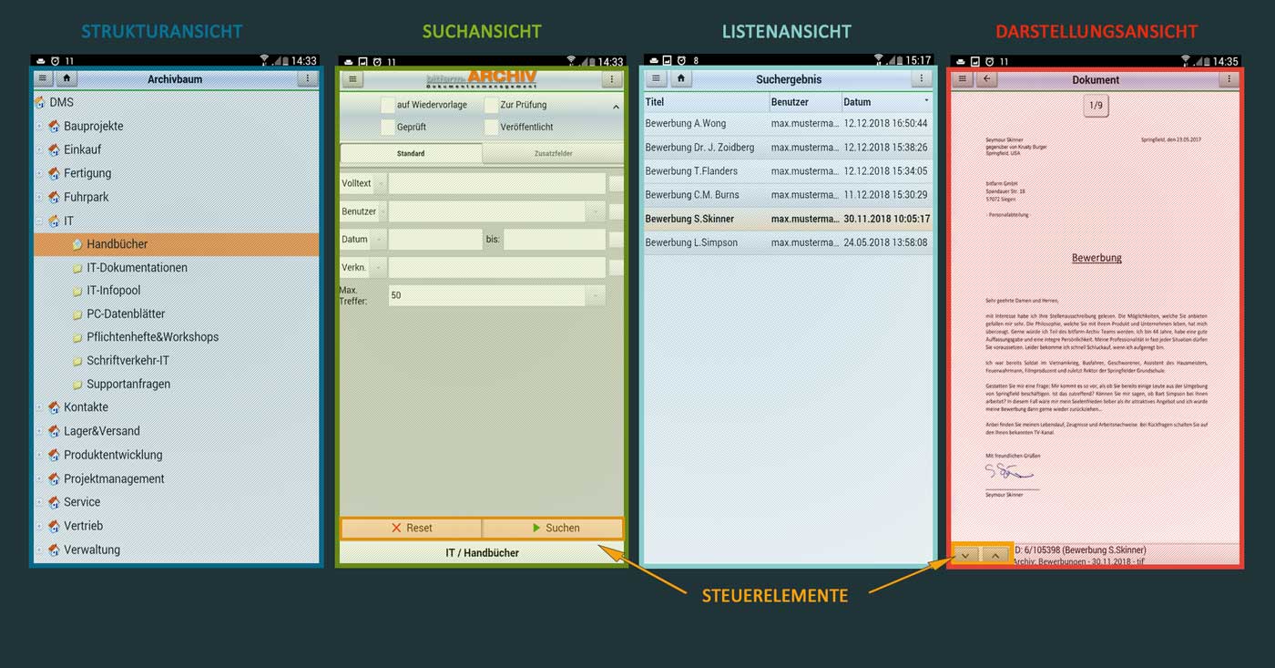 Screenshots verschiedener Ansichten der bitfarm-Archiv mobile App