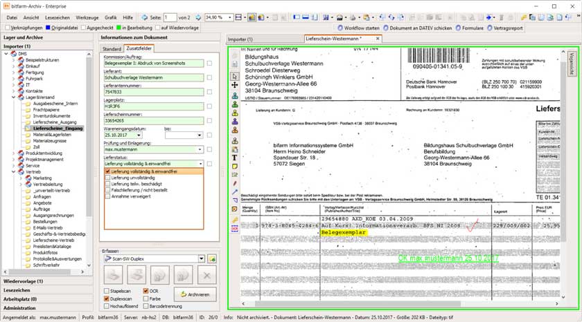 Screenshot digitale Archivierung mit bitfarm-Archiv DMS