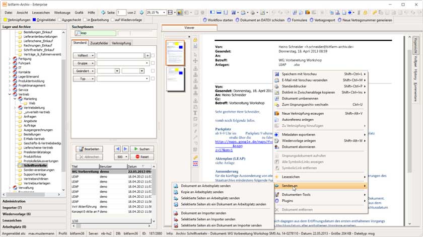 DMS Screenshot E-Mails archivieren mit bitfarm-Archiv