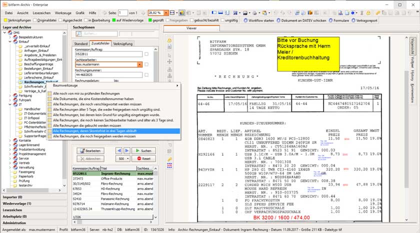 DMS Screenshot Rechnungsarchivierung und Workflow